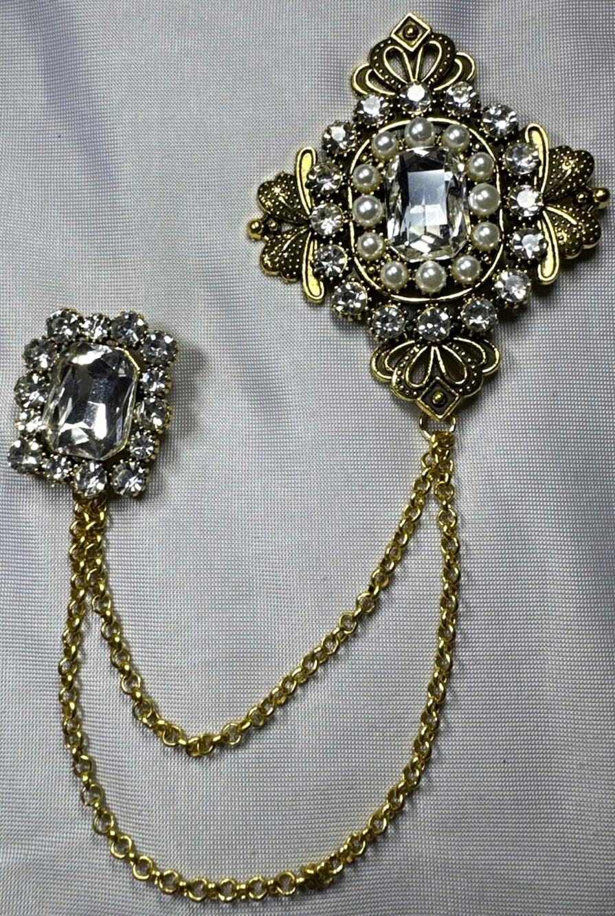 Gold Tone Rhinestone Faux Pearl Double Chain Brooch Victorian Style Lapel Pin
